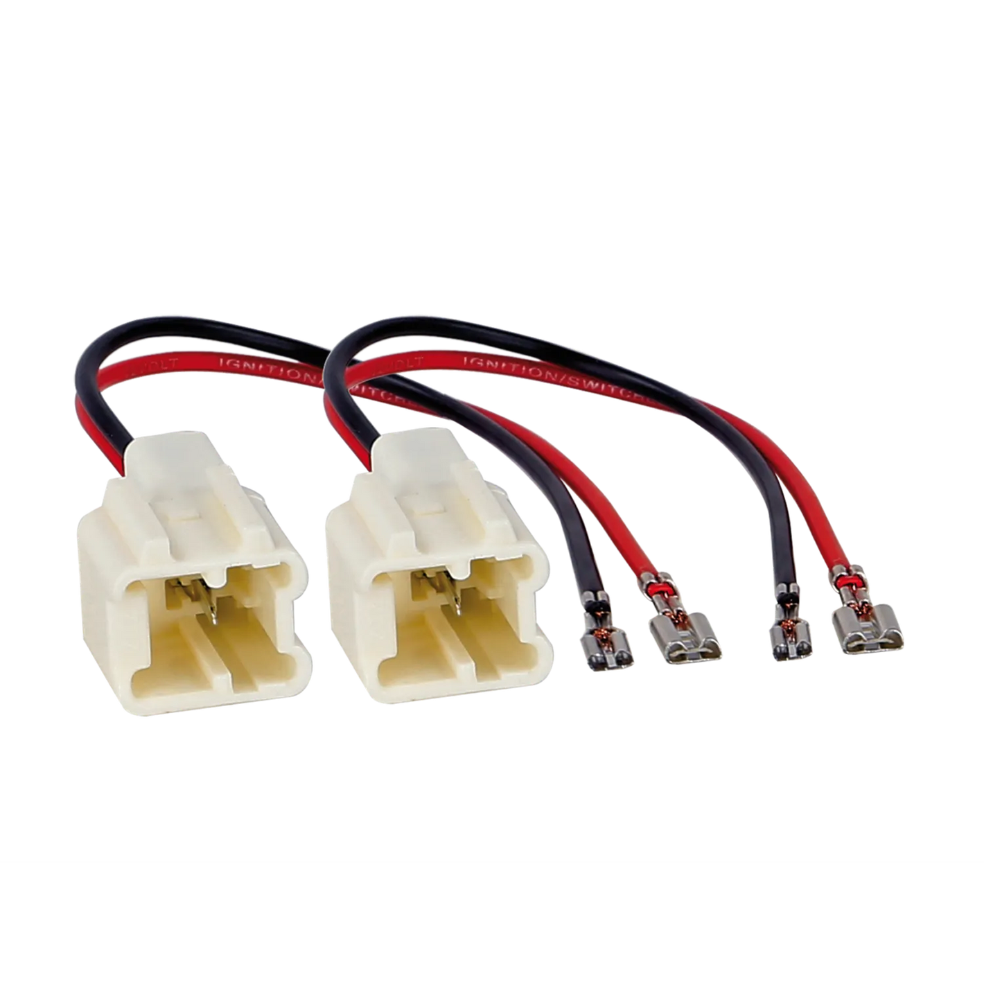 Auf weißem Hintergrund sind zwei Audison CN WIRE ADAPT. 13-Stecker für DACIA/MERC./REN./NISS. mit roten und schwarzen Kabeln sowie Metallklemmen abgebildet.