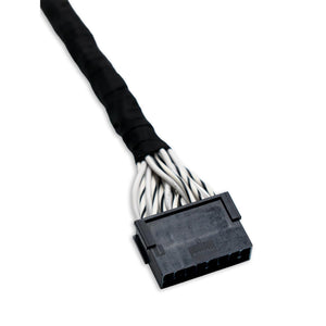 De Audison Prima AP BYPASS is een zwart-witte meeraderige elektrische kabel met een rechthoekige zwarte stekker, afgebeeld tegen een witte achtergrond.