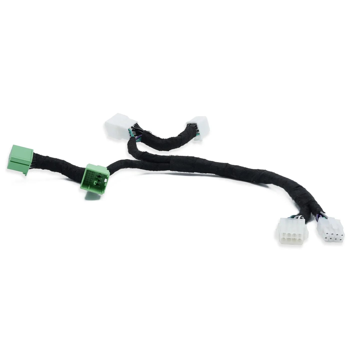 The Audison Prima AP T-H MG04 is a black wiring harness with green/white connectors, perfect Verstärker-Zubehör for MG4 EV, shown on a white background.