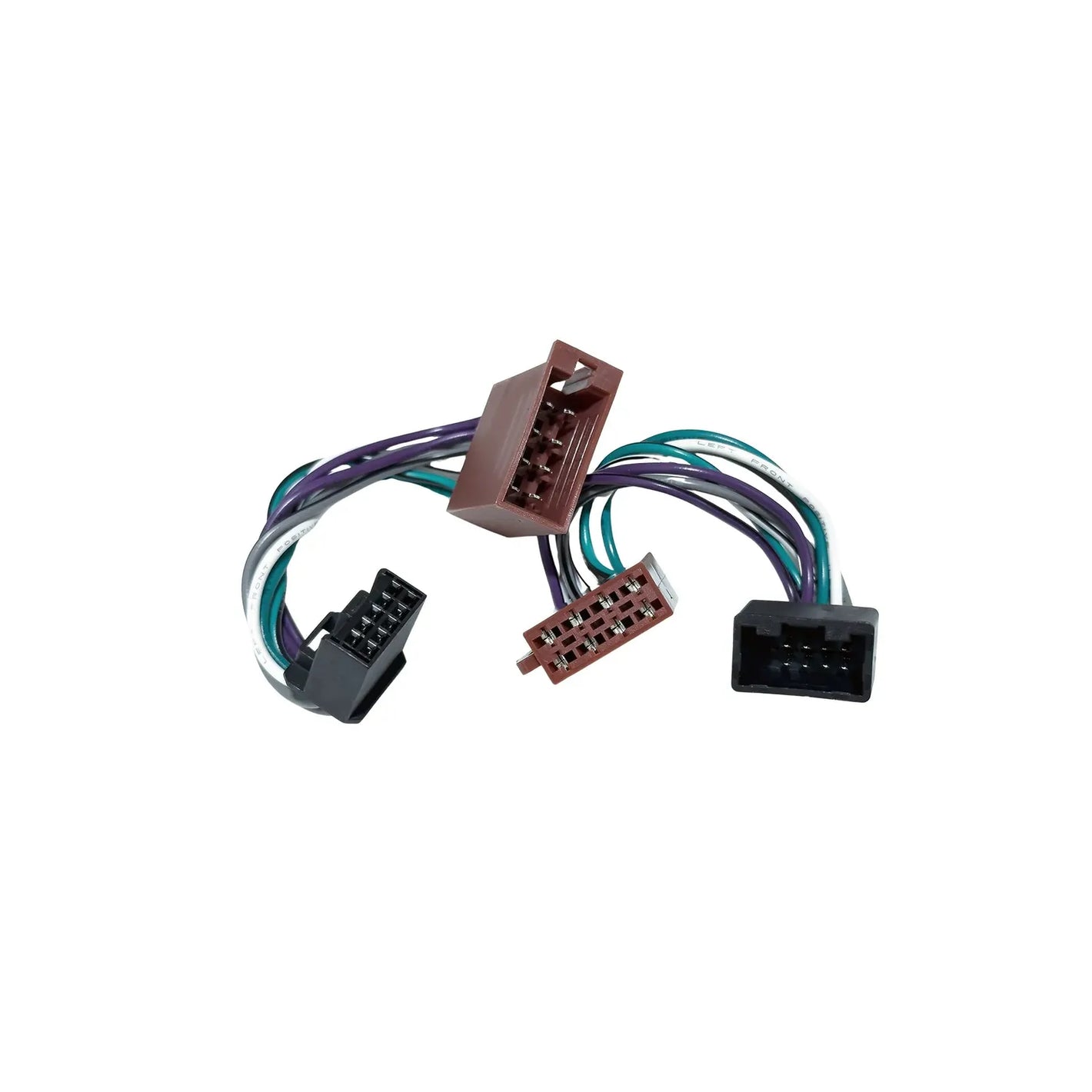 Vier Audison Prima AP T-H TOY02-kabelboomconnectoren met gekleurde draden, ideaal voor Plug  Play of gebruik met een T-kabelboom, zijn op een witte achtergrond afgebeeld.