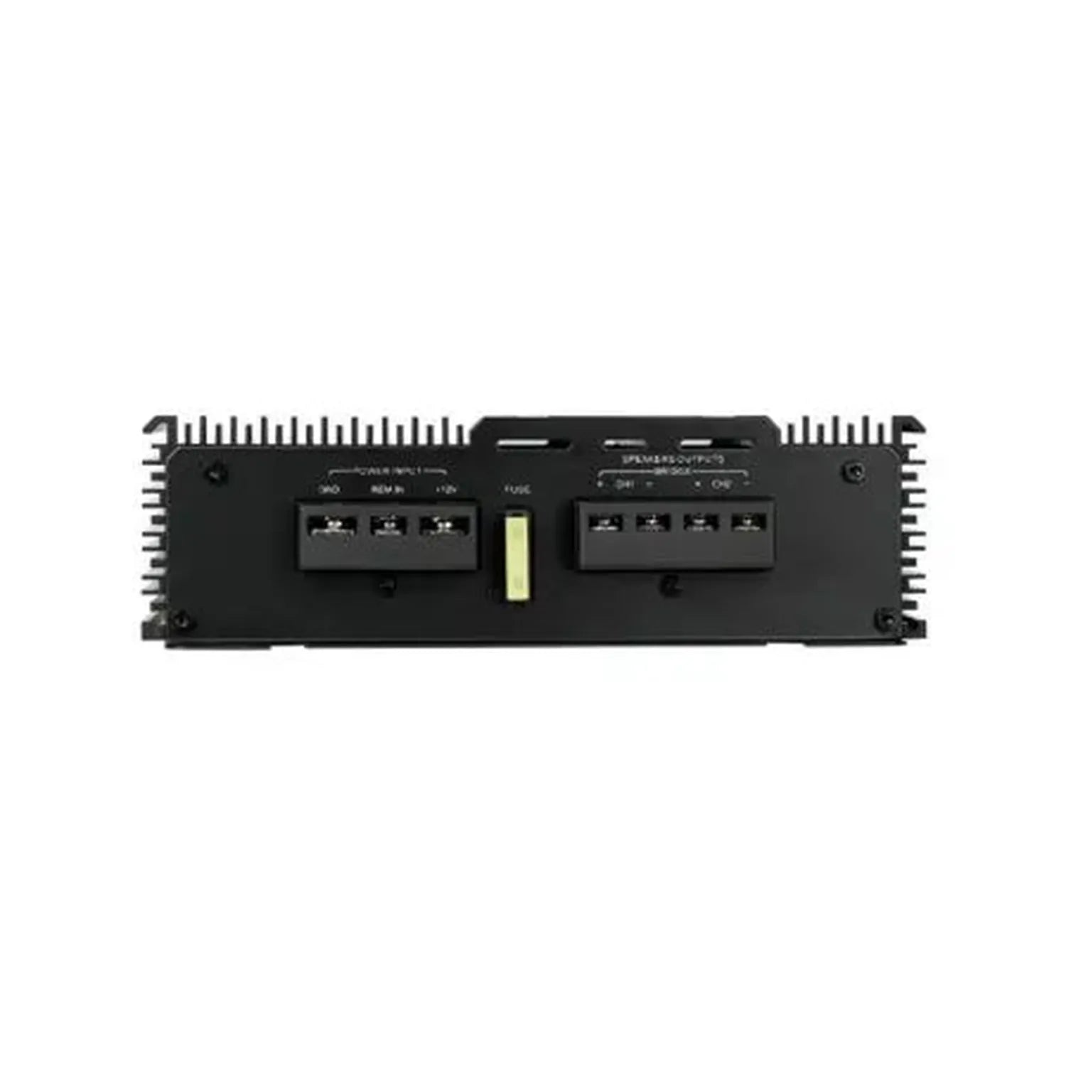 Vista posteriore di un amplificatore a 2 canali Avatar ABR-150.2 in classe AB, di colore nero, con due terminali e un fusibile centrale, su sfondo bianco.