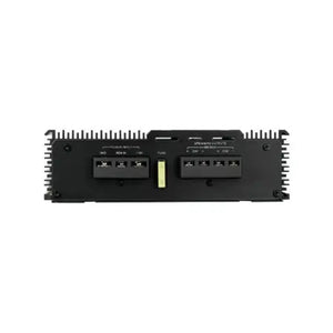Rear view of a black Avatar ABR-150.2 Class AB 2-channel amplifier with two terminals and center fuse, on a white background.