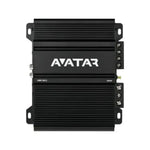 LAvatar ABR-150.2 è un amplificatore per auto di colore nero con un design a nervature, il logo AVATAR in bianco, supporto per il funzionamento in ponte e porte di collegamento sul lato destro.