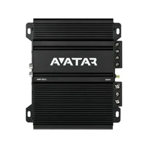 The Avatar ABR-150.2 is a black car amplifier with a ribbed design, AVATAR logo in white, Brückenbetrieb support, and connection ports on the right.