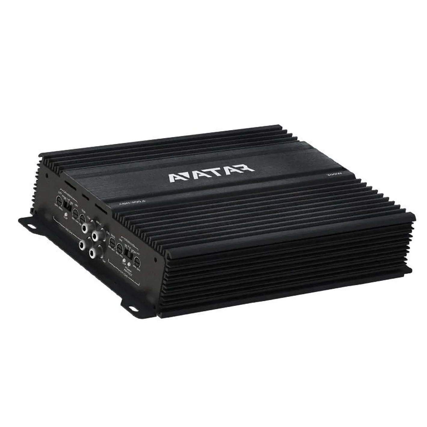 The Avatar ABR-300.4 is a black 4-channel car audio amplifier with ribbed sides, control knobs, and input ports on the left side.
