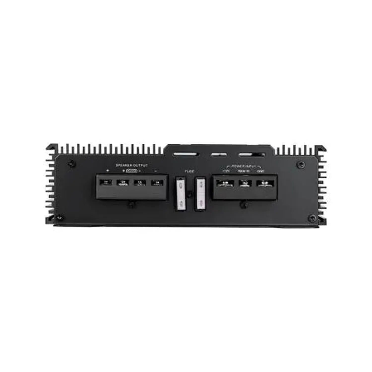 Vista posteriore del monoblocco in classe D nero Avatar ABR-800.1 con uscite per altoparlanti, vani per i fusibili e connettori per lalimentazione da 800 W RMS.