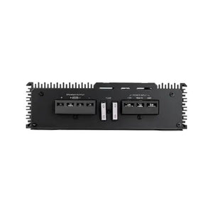 Rear view of the Avatar ABR-800.1 black Class-D monoblock showing speaker outputs, fuse slots, and 800W RMS power input connections.