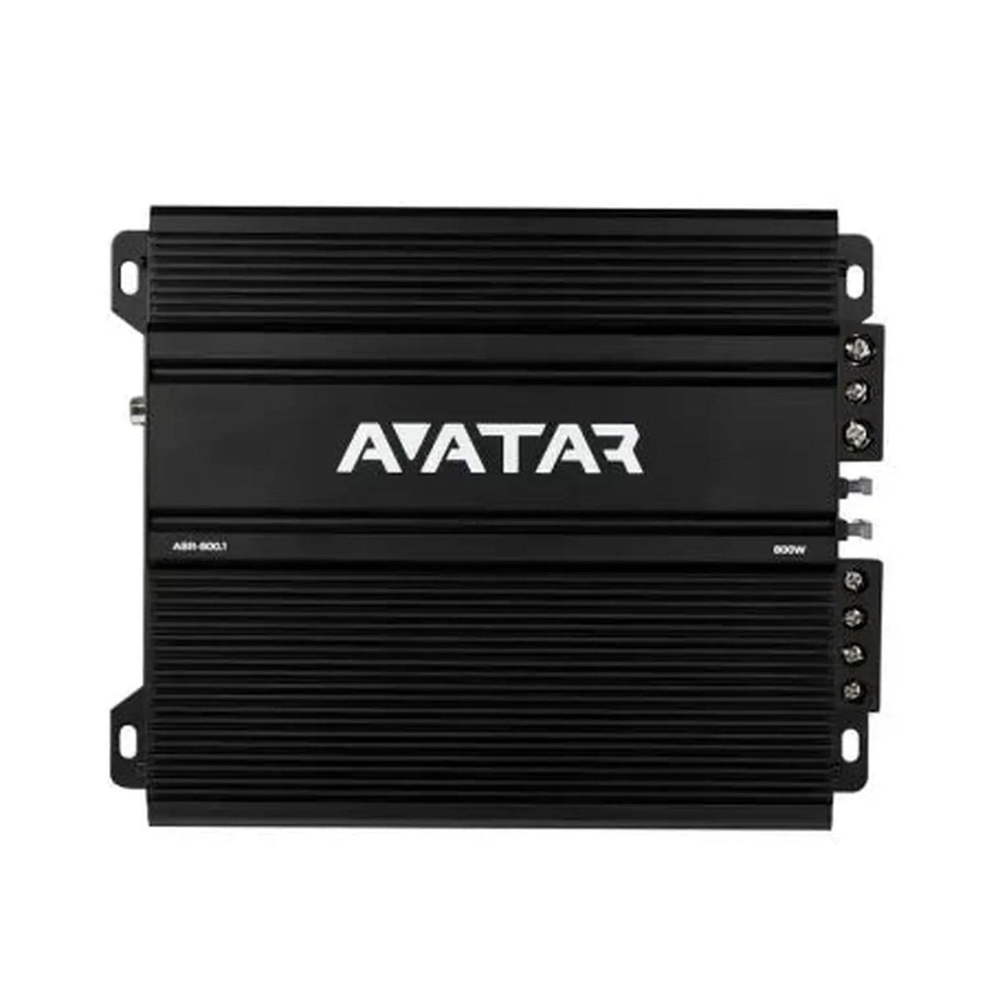 LAvatar ABR-800.1 è un amplificatore monoblocco per auto in classe D di colore nero, con superficie zigrinata, logo bianco, potenza nominale di 800 W RMS e connettori sul lato destro.