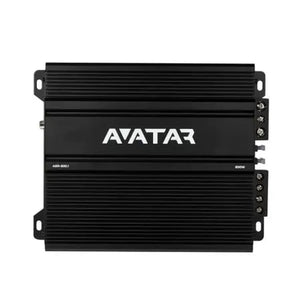 The Avatar ABR-800.1 is a black Class-D monoblock car amplifier with a grooved surface, white logo, 800W RMS power, and right-side terminal connectors.