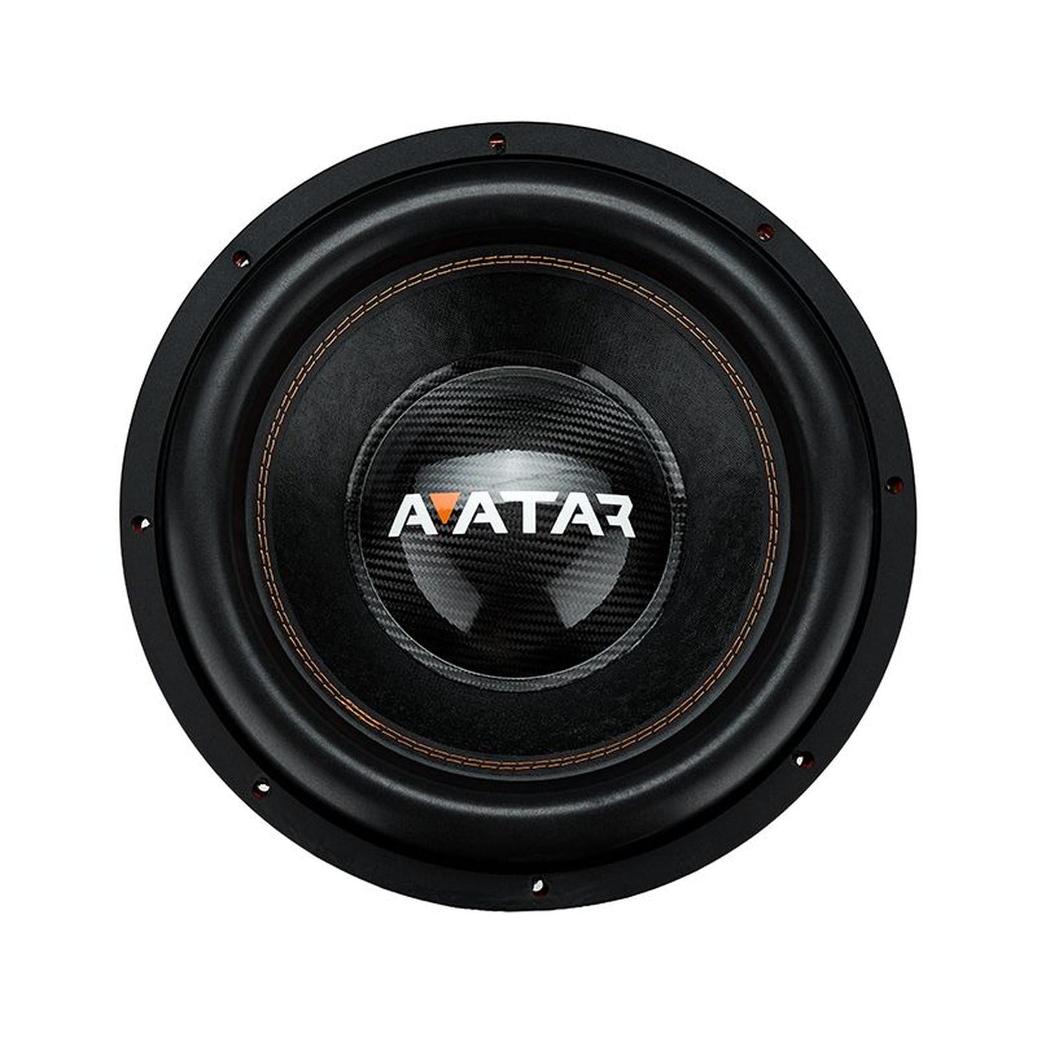 Close-up of the Avatar Doomsday 15 subwoofer with black textured finish, visible stitching, and AVATAR logo in white and orange on the center cone.