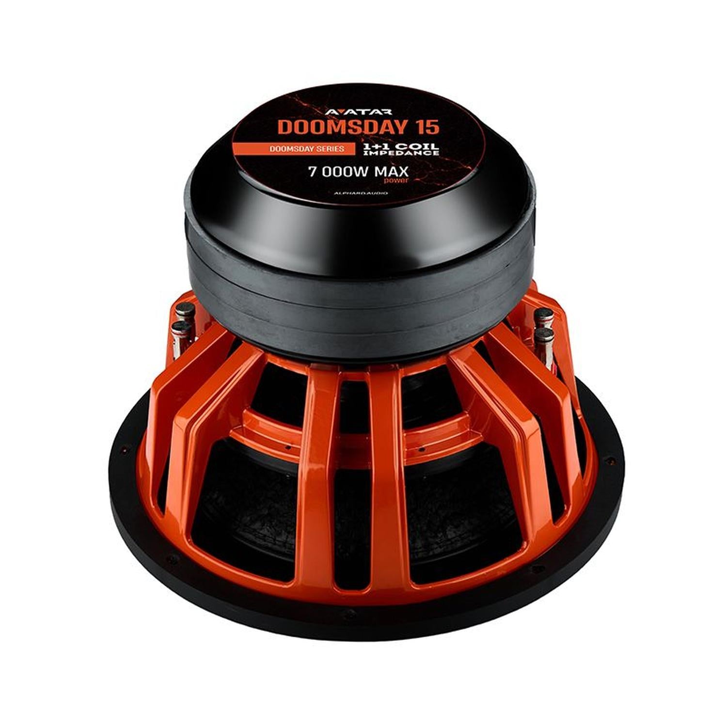 The Avatar Doomsday 15 is a large orange and black subwoofer with a metal frame, 3500W RMS, and 7000W max power.