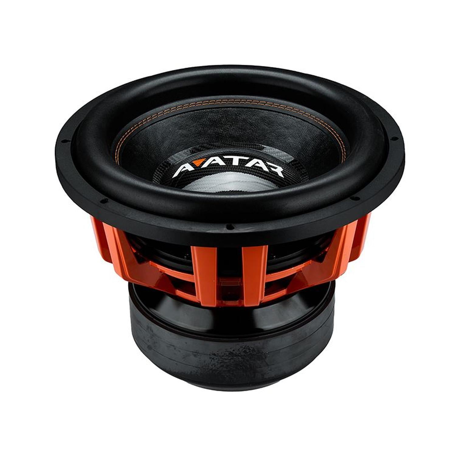 The Avatar Doomsday 15 subwoofer features a black and orange design with AVATAR on the inner cone, shown angled against a white background.