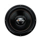 Il subwoofer Avatar Doomsday 18, nero con AVATAR sulla calotta antipolvere, ha un design da 18 pollici e una potenza di 3500W RMS, visto dallalto su uno sfondo bianco.