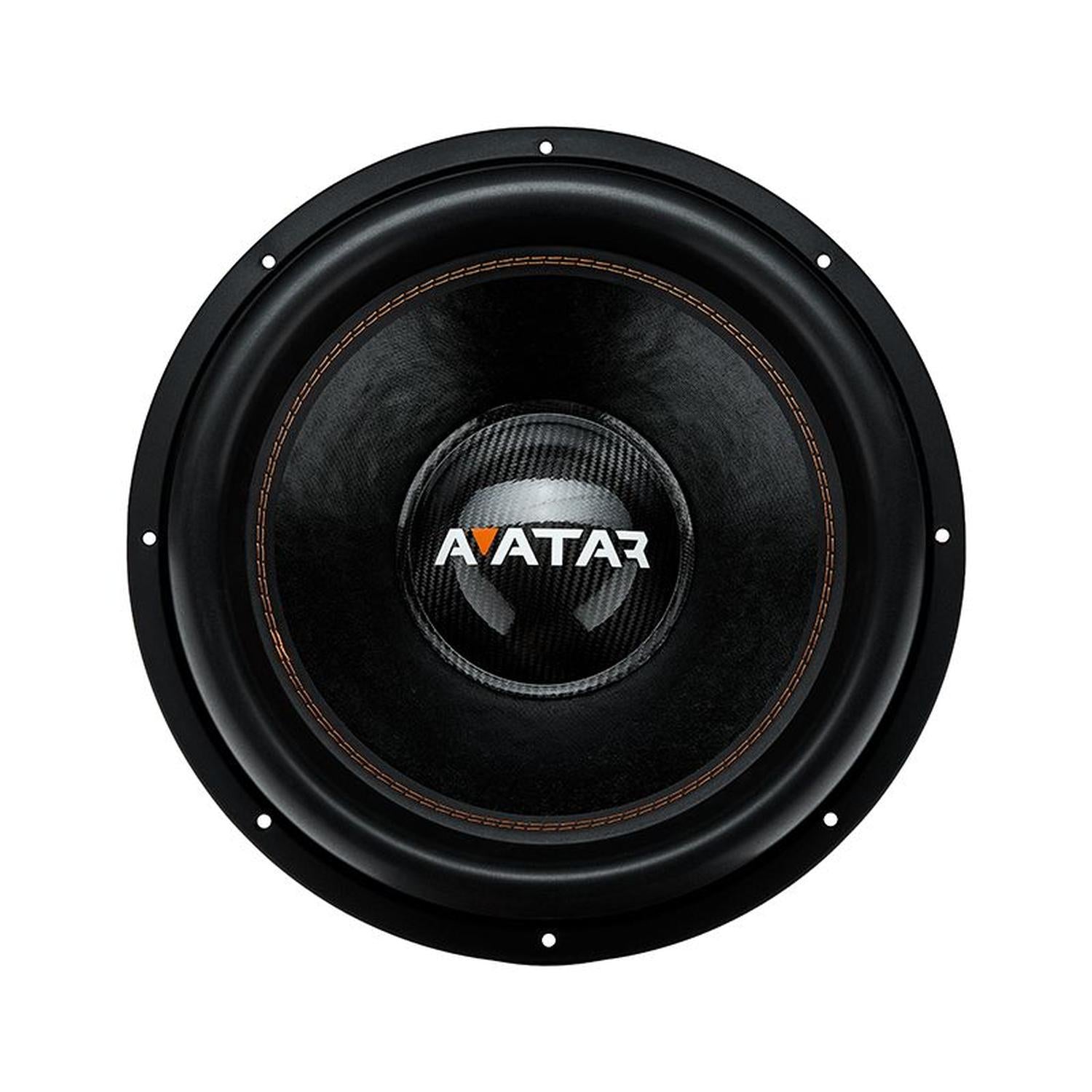 Il subwoofer Avatar Doomsday 18, nero con AVATAR sulla calotta antipolvere, ha un design da 18 pollici e una potenza di 3500W RMS, visto dallalto su uno sfondo bianco.
