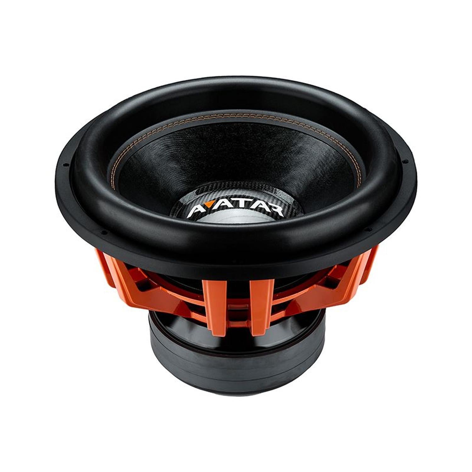 LAvatar Doomsday 18 è un subwoofer nero e arancione con cono, cestello e magnete a vista, con il logo Avatar allinterno del cono.