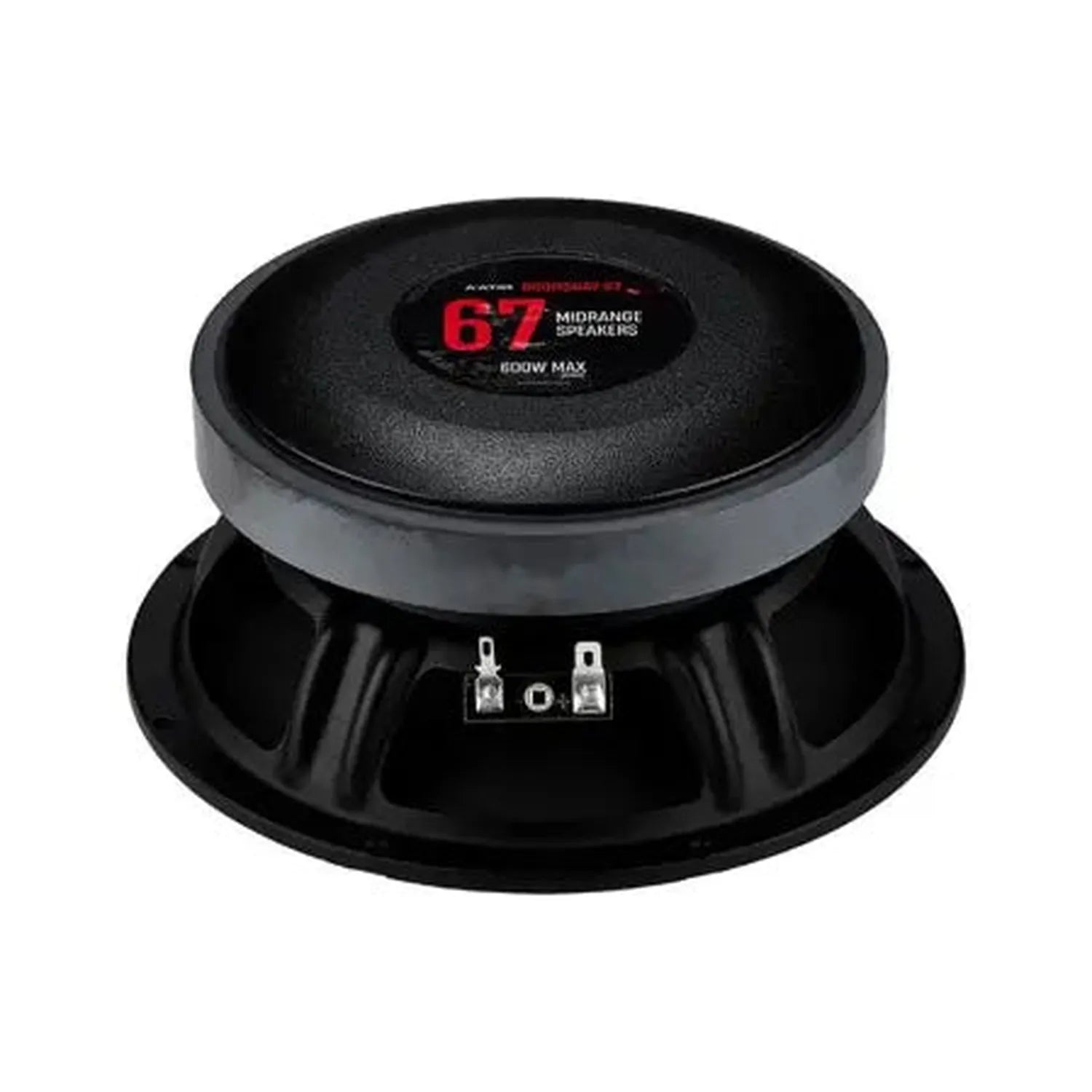 The Avatar Doomsday 67 is a black 5-inch midrange speaker 67/600W MAX, ideal for demo vehicles needing max SPL, with metal connectors at the bottom.