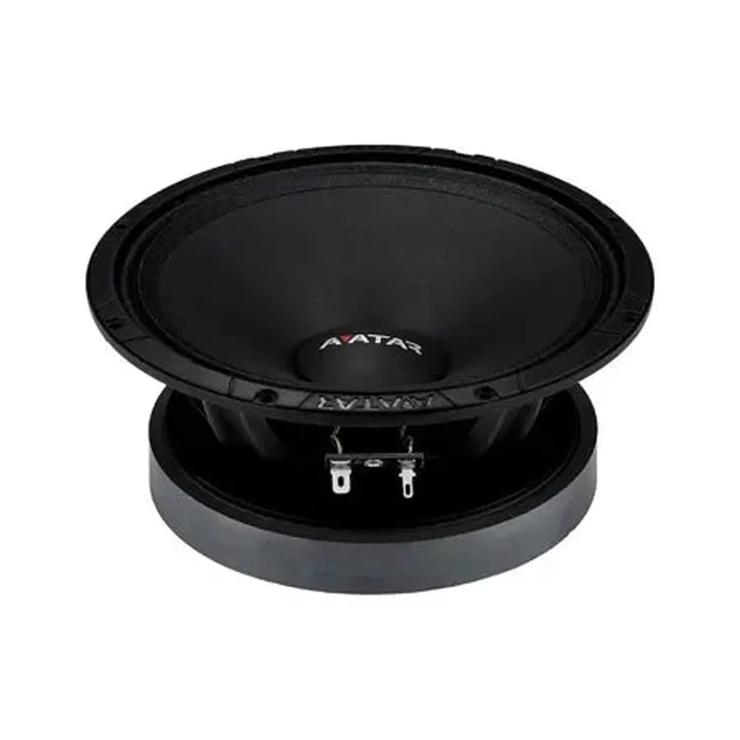 A black Avatar Doomsday 67 5 Zoll Tiefmitteltöner loudspeaker with a wide cone and exposed terminals, shown angled on a white background.