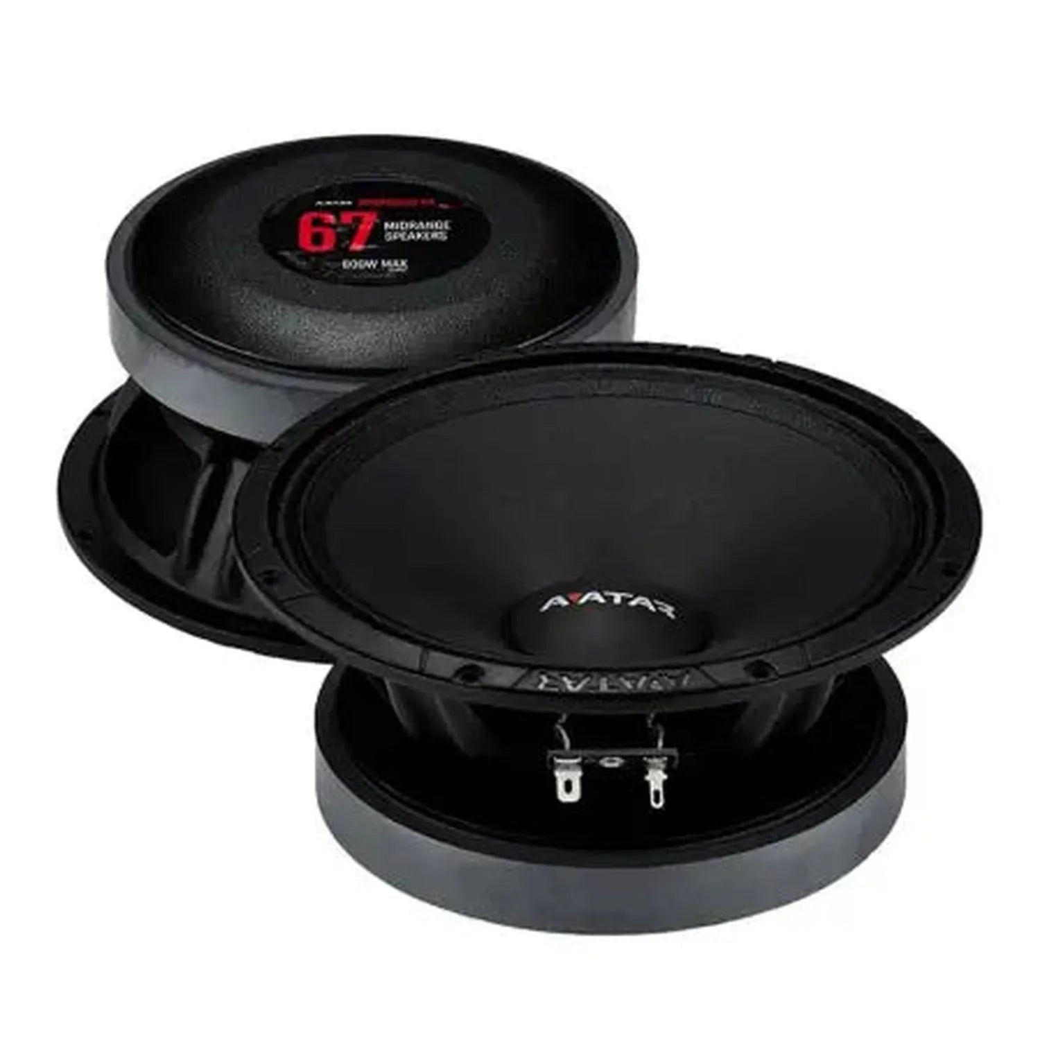Two black round Avatar Doomsday 67 speakers with 5 woofers—one shows the front cone, the other the back labeled SPL and 500W Max.