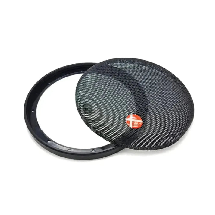 The B2 Audio HN 10PG is a round black Lautsprechergitter for 10 Zoll Tiefmitteltöner, with mesh cover, separate frame, and a small red and white B2 Audio sticker on the mesh.