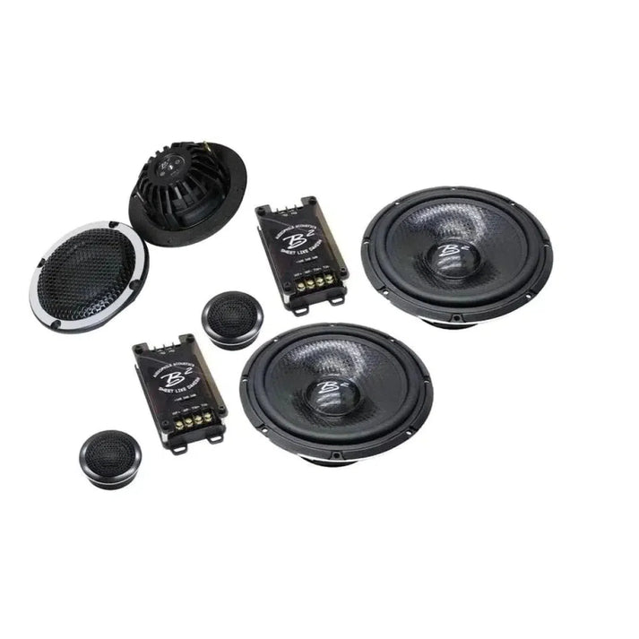 The B2 Audio Rage 63 is a black 6.5 Zoll component set with speakers, crossovers, tweeters, midrange, and grilles displayed on a white background.