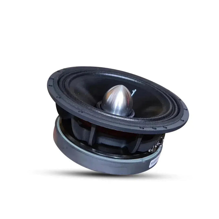 Il B2 Audio Rage 6P V4 è un altoparlante da 6,5 nero e argento con cono metallico, 120W RMS, raffigurato ad angolo su sfondo bianco.