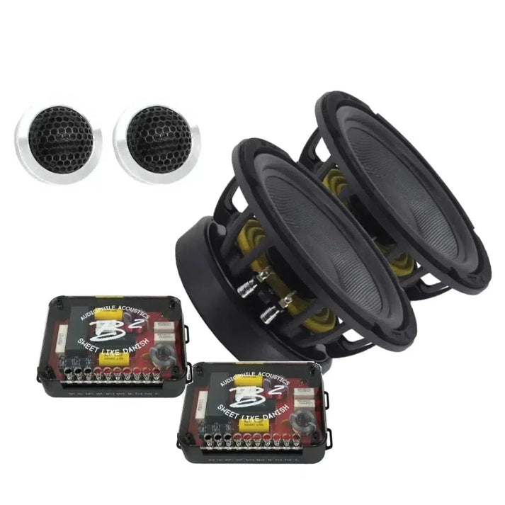The Ref 8 - 2WAY from B2 Audio includes two round car speakers, two small tweeters, and two rectangular crossovers with visible wiring.