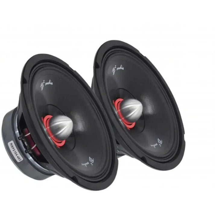 Due altoparlanti B2 Audio Riot 8P da 8 pollici, neri con centro argento e accenti rossi, 4 Ohm, affiancati su sfondo bianco.