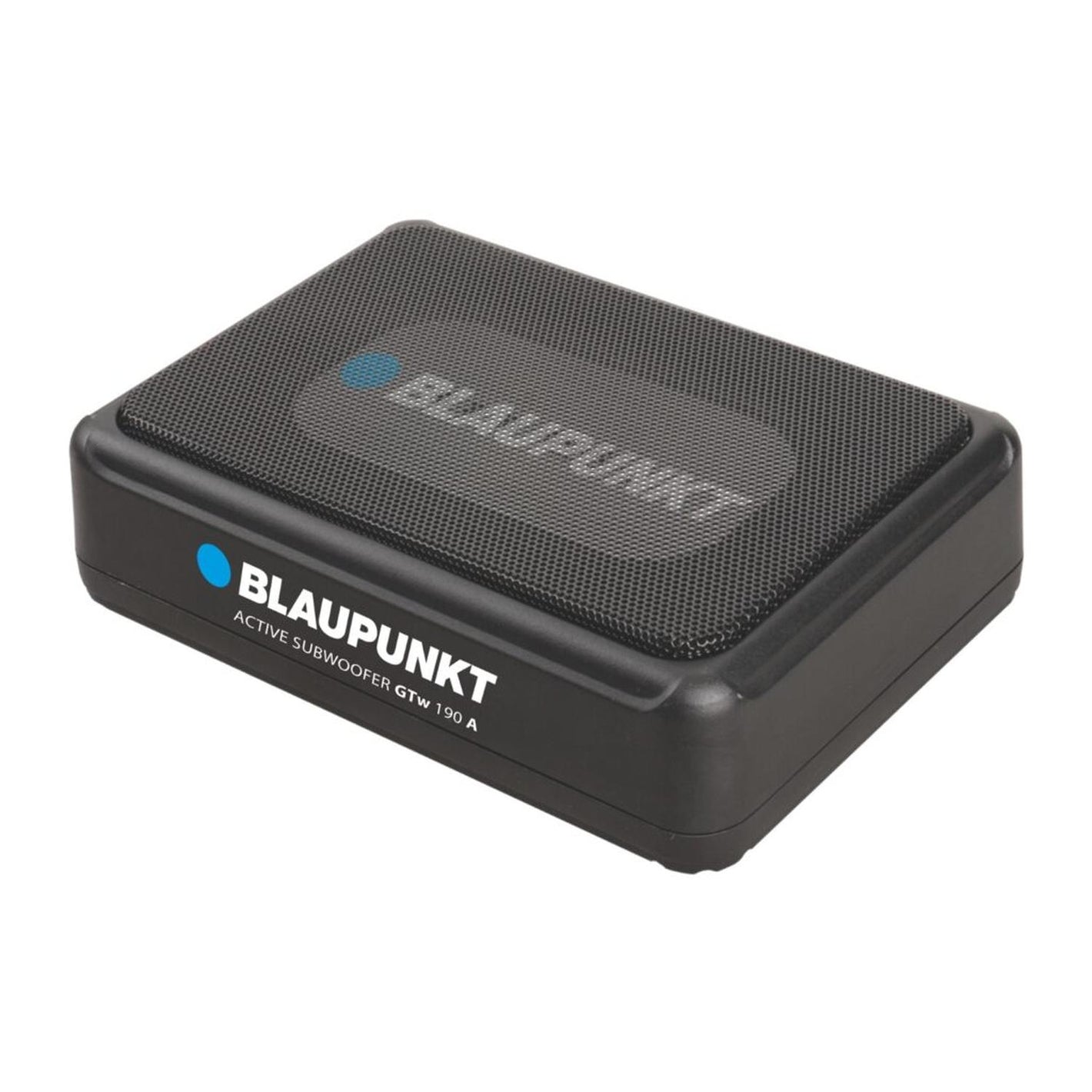 Un Blaupunkt GTw 190 A 12V Aktiv-Gehäusesubwoofer negro con la parte superior de malla y el logotipo azul, diseñado para sistemas de audio del coche.
