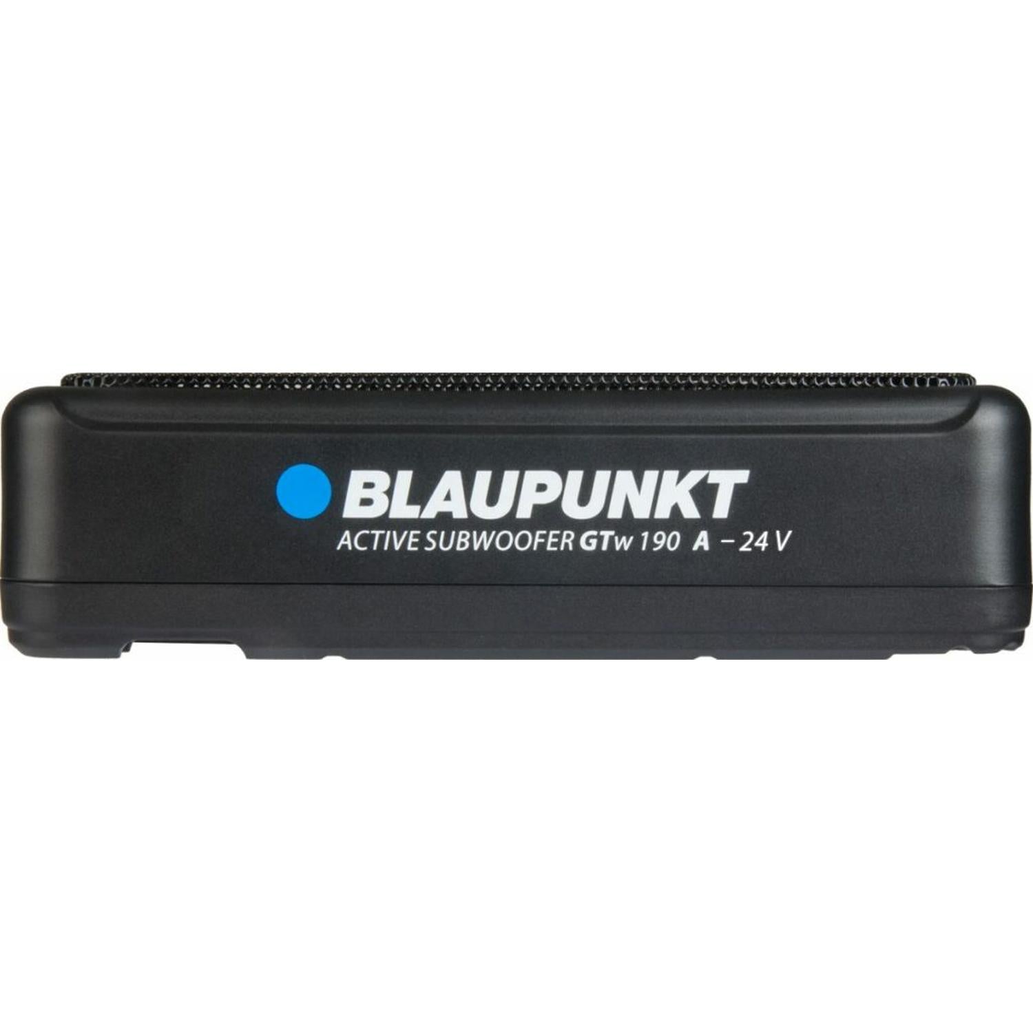 Vista frontal del subwoofer bajo asiento Blaupunkt GTw 190 A 24V para camiones, con logotipo de la marca, información sobre el modelo y un elegante diseño en negro.