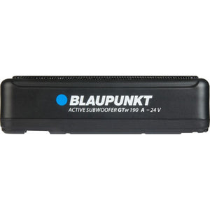 Vue de face du subwoofer Blaupunkt GTw 190 A 24V pour les sièges inférieurs des camions, avec le logo de la marque, les informations sur le modèle et un design noir élégant.