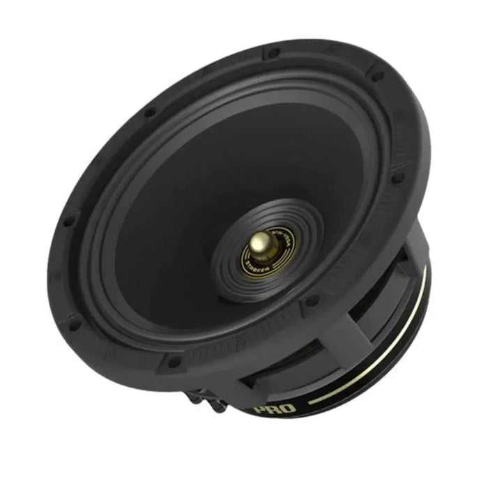 Il Cerwin Vega Stroker Pro Classic CVMPCL10 è un diffusore audio nero da 10 con cono a vista, design Doppelsicken e centro doro raffigurato ad angolo sul bianco.