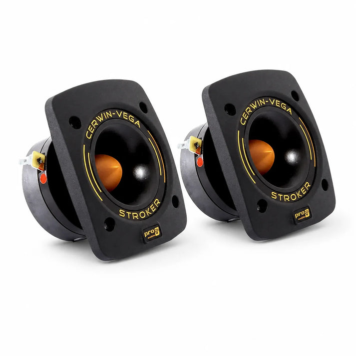 Deux tweeters à pavillon Cerwin Vega Stroker Pro Classic CVMPCL1.0T noirs et angulaires, avec centre orange, affichent les détails de la marque sur les faces avant, sur fond blanc.
