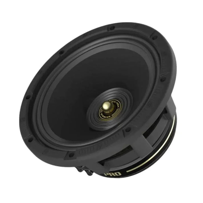 Il Cerwin Vega Stroker Pro Classic CVMPCL6.5 è un diffusore audio per auto da 6,5 di colore nero con centro dorato e magneti a vista, mostrato angolato su sfondo bianco.