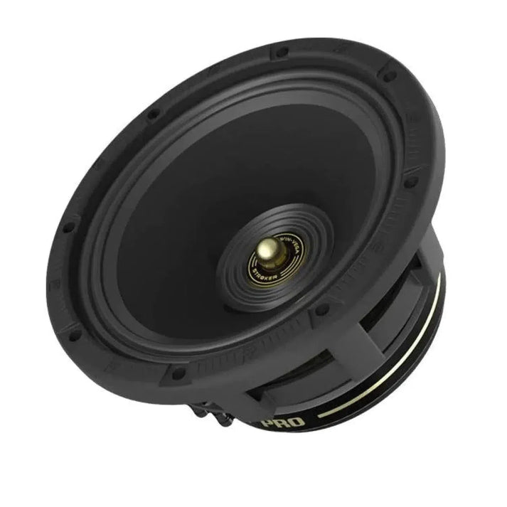 Le Cerwin Vega Stroker Pro Classic CVMPCL8 est un haut-parleur noir et rond de 8 pouces avec un centre doré, présenté en angle sur un fond blanc.