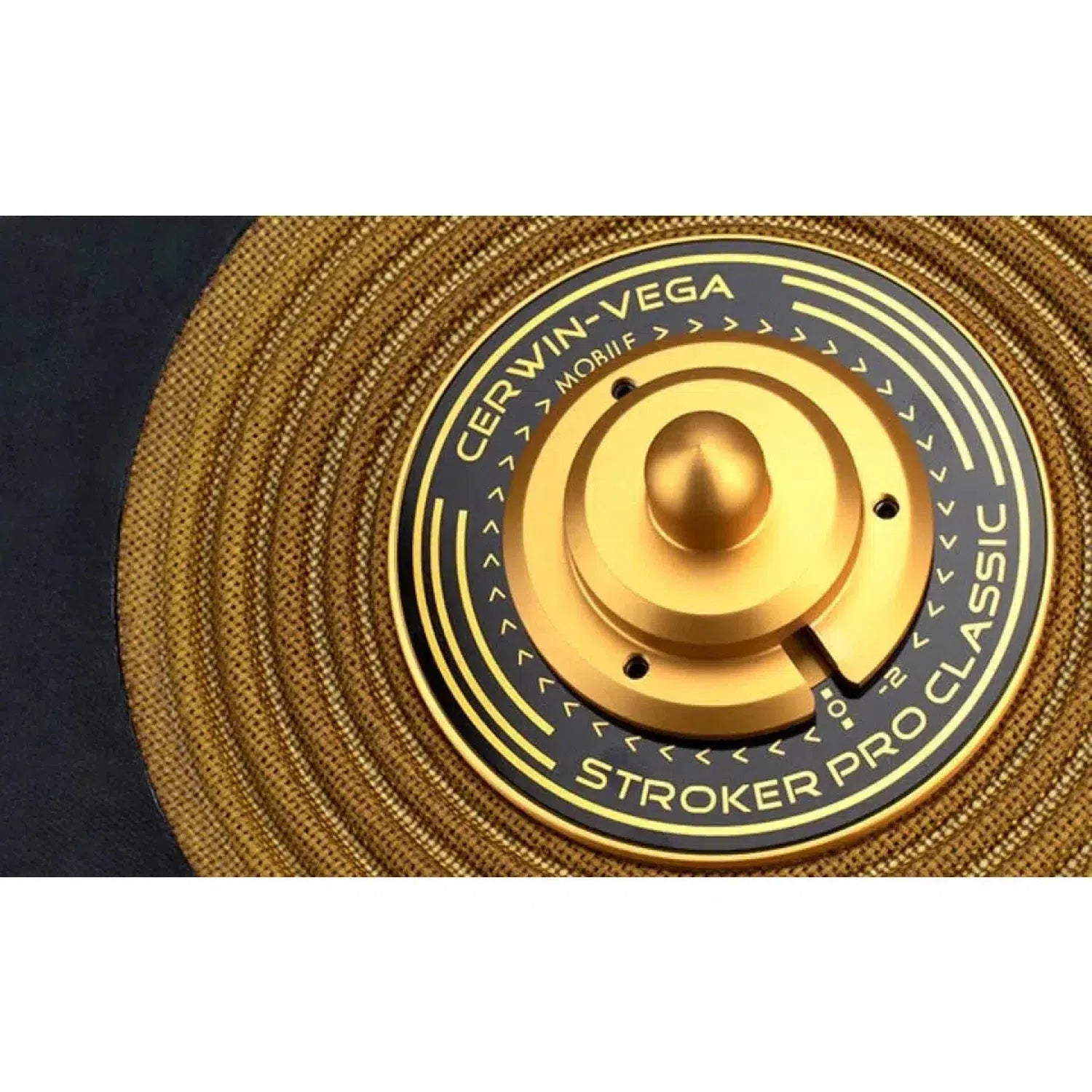 Close-up van een gouden Cerwin Vega Stroker Pro Classic SPCL182 18-inch subwoofer, waarbij de gedetailleerde tekst en het kenmerkende concentrische ringontwerp op de conus goed te zien zijn.