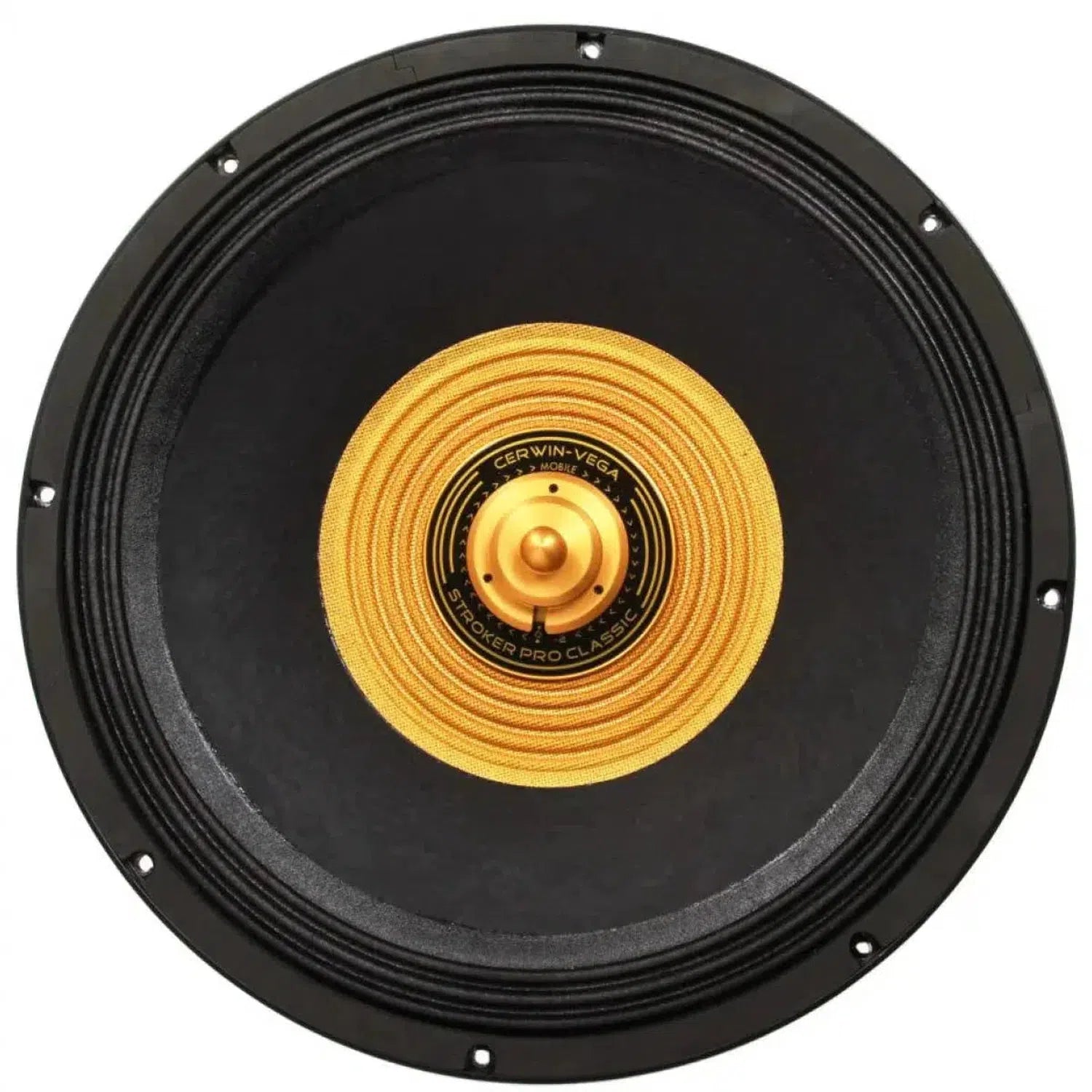 A top view of the Cerwin Vega Stroker Pro Classic SPCL182 speaker shows black and gold concentric circles with CERWIN-VEGA on the golden center.