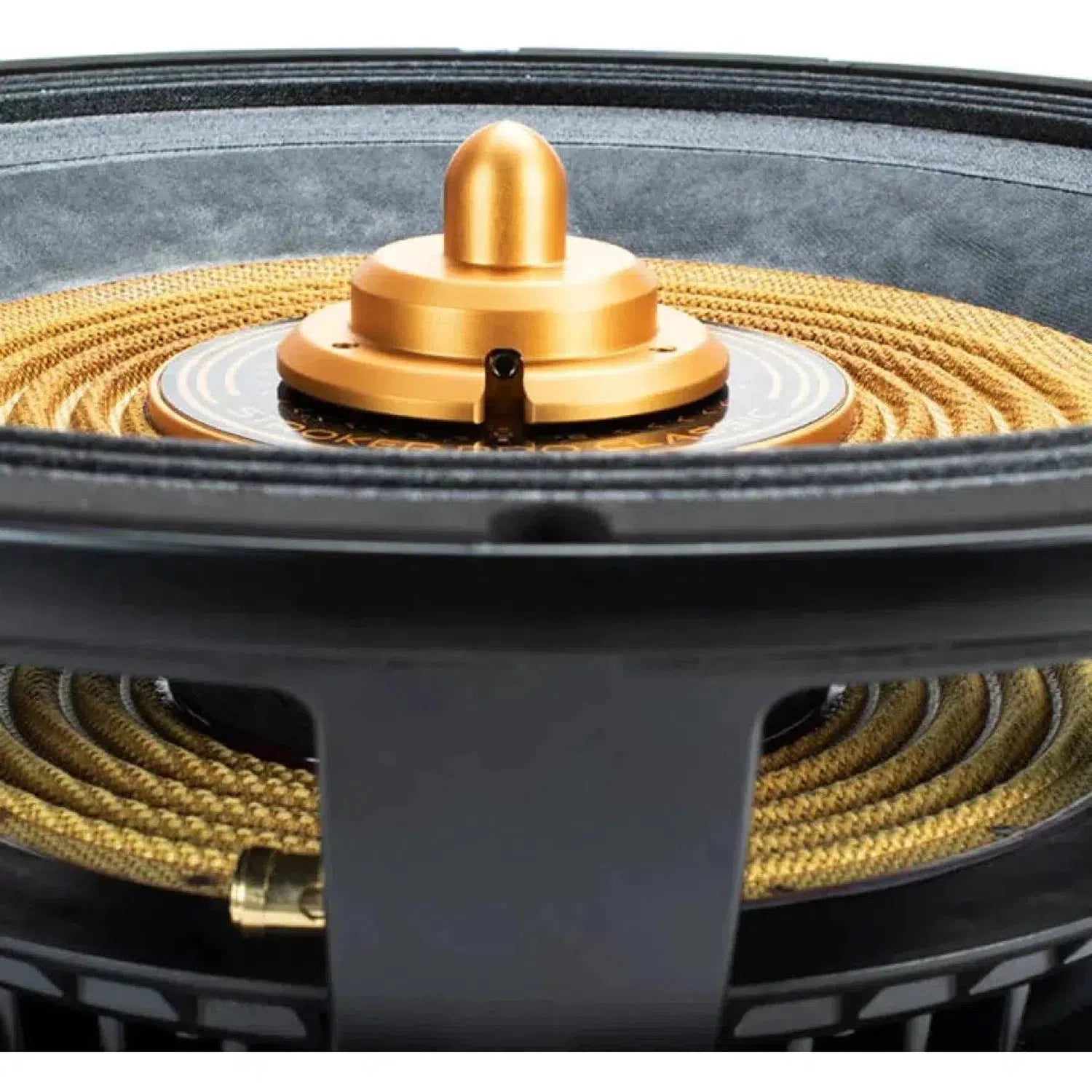 Close-up of Cerwin Vega Stroker Pro Classic SPCL182 18-inch subwoofer with gold accents and woven material on the center dome and surround.