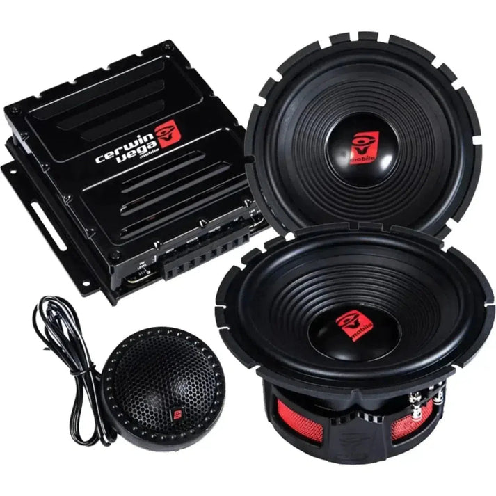 The Cerwin Vega Stroker ST65C is a 5 Zoll car audio set with two speakers, amplifier, tweeter, and black/red wires.