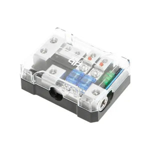 The dBvox dBVOXMANL22 is a transparent plastic MiniANL fuse holder with wiring terminals, mounted on a black base for easy grounding.