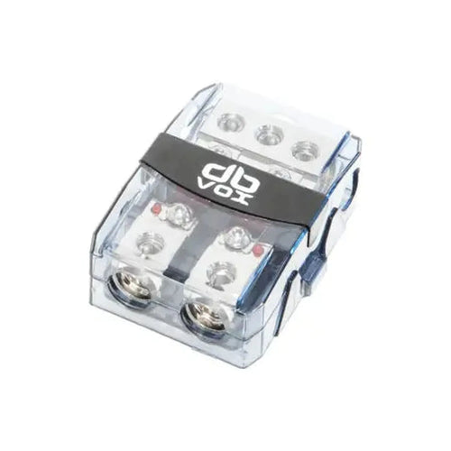 El dBvox DBVOXMANL32 es un conector de cable eléctrico transparente con terminales metálicos, una etiqueta negra VOI y un soporte MiniANL Sicherungen.
