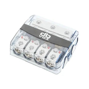 The dBvox DBVOXMANL34 is a clear plastic terminal block with 4 wire connections, Kontroll-LED, and a black top label with a white dBvox logo.