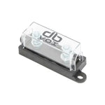 El dBvox DBVOXMFM1 es un portafusibles ANL rectangular con una tapa de metacrilato, dos pernos metálicos en el interior y la marca en la parte superior.