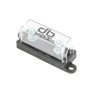 The dBvox DBVOXMFM1 is a rectangular ANL fuse holder with plexiglass cover, two metal bolts inside, and branding on top.
