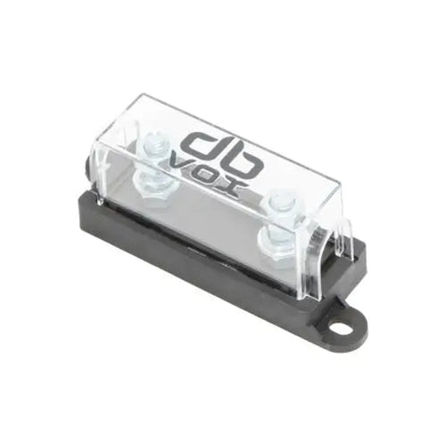 El dBvox DBVOXMFM1 es un portafusibles ANL rectangular con una tapa de metacrilato, dos pernos metálicos en el interior y la marca en la parte superior.