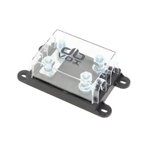 The dBvox DBVOXMFM2 is a clear plastic ANL Sicherungshalter with four metal terminals, black base, and db VOX logo on the cover.