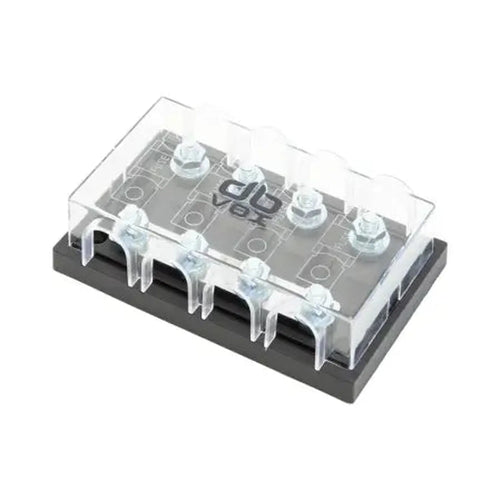 El dBvox DBVOXMFM4 es un portafusibles transparente con cuatro puntos de conexión, colocado sobre una base rectangular negra y rematado con una tapa de plástico transparente.