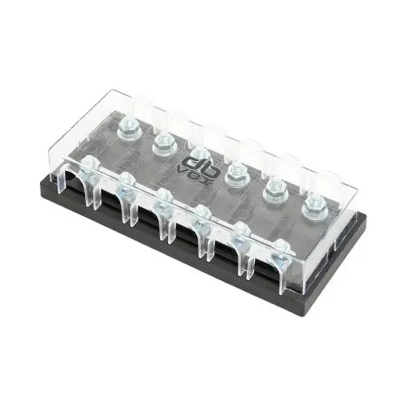 The dBvox DBVOXMFM6 is a black and clear terminal block with Plexiglas cover, offering 6 screw terminals for wiring and organizing up to 6 ANL fuses.