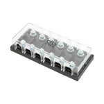 El dBvox DBVOXMFM6 es un bloque de terminales negro y transparente con cubierta de plexiglás que proporciona 6 terminales de tornillo para cablear y organizar hasta 6 fusibles ANL.
