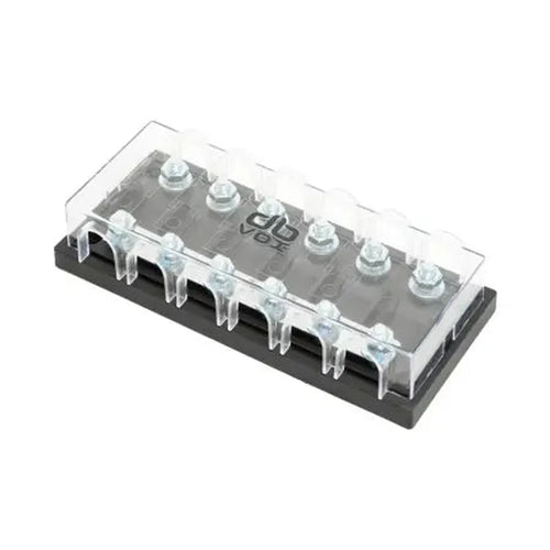 El dBvox DBVOXMFM6 es un bloque de terminales negro y transparente con cubierta de plexiglás que proporciona 6 terminales de tornillo para cablear y organizar hasta 6 fusibles ANL.
