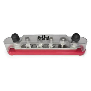 A dBvox Klemmenblock 6xM8 with a transparent top, visible metal springs, black tension knobs, and a red base, viewed from the front.